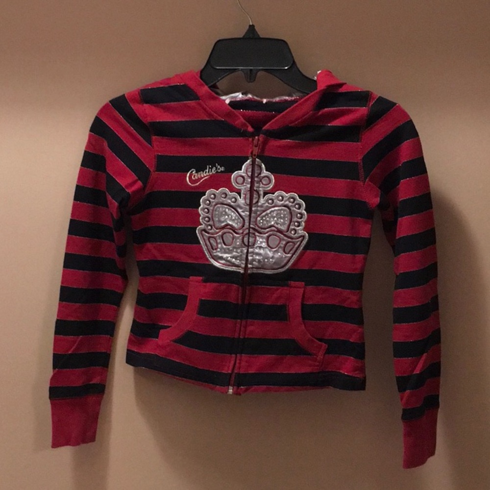 Girl’s, Candies, hooded, cropped, zip front shirt, size 10/12, red and black